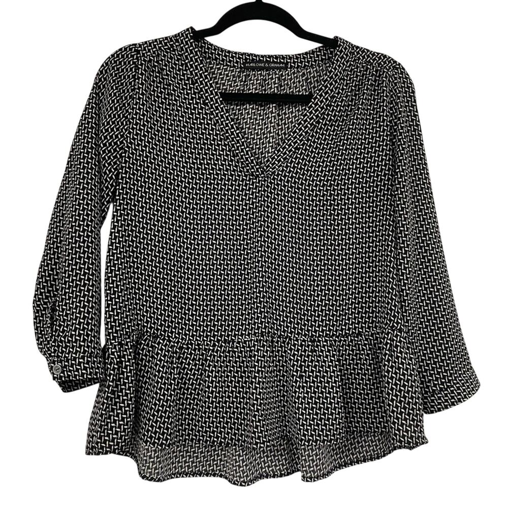 Harlowe & Graham Black & White Peplum 3/4 Sleeve Boho Blouse Shirt Top Womens XS